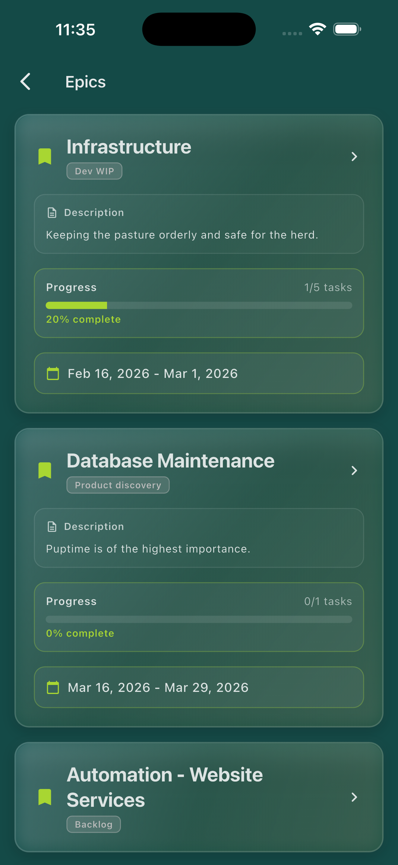Orgnizn app — epics view